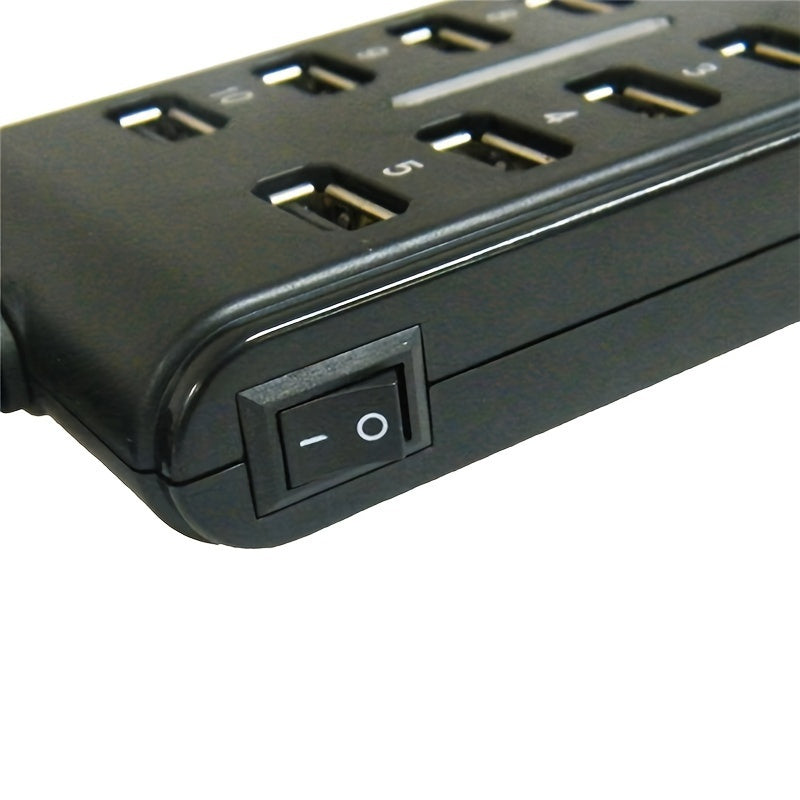 Portable USB Hub - Dual Row, 10-Port ABS Plastic with Switch for Work and Home