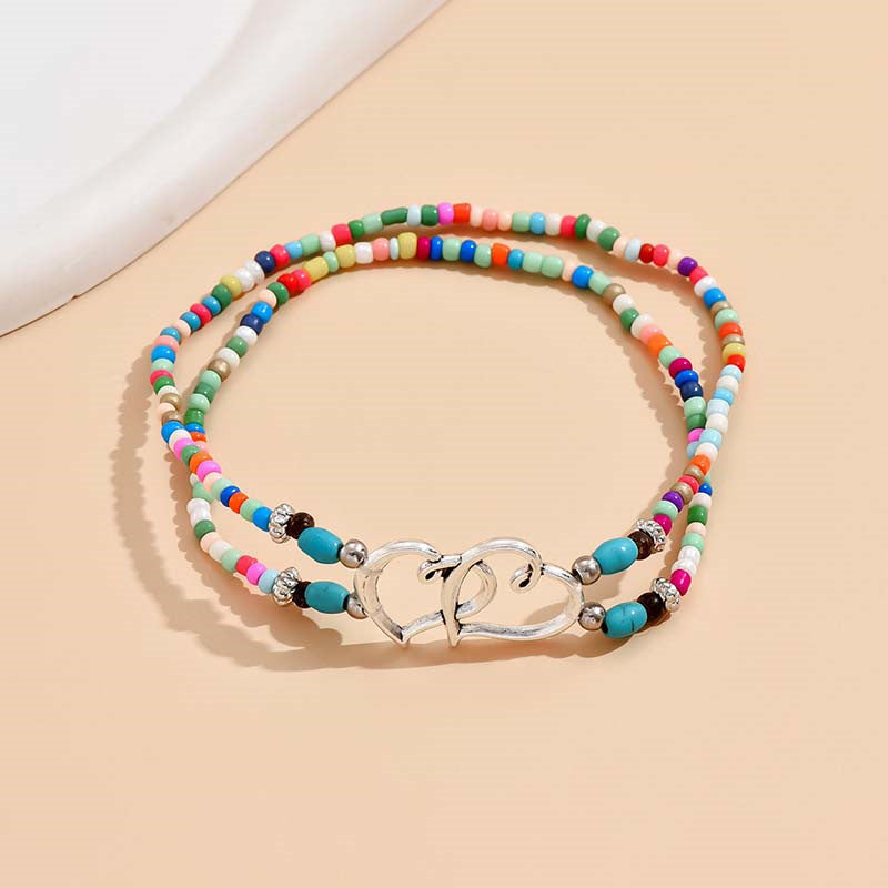 Boho-Chic 3pcs Double-Layer Beaded Anklet Set with Heart Charms - Handcrafted, Hypoallergenic & Durable, Perfect for Beach Vacations, Weddings & Casual Attire