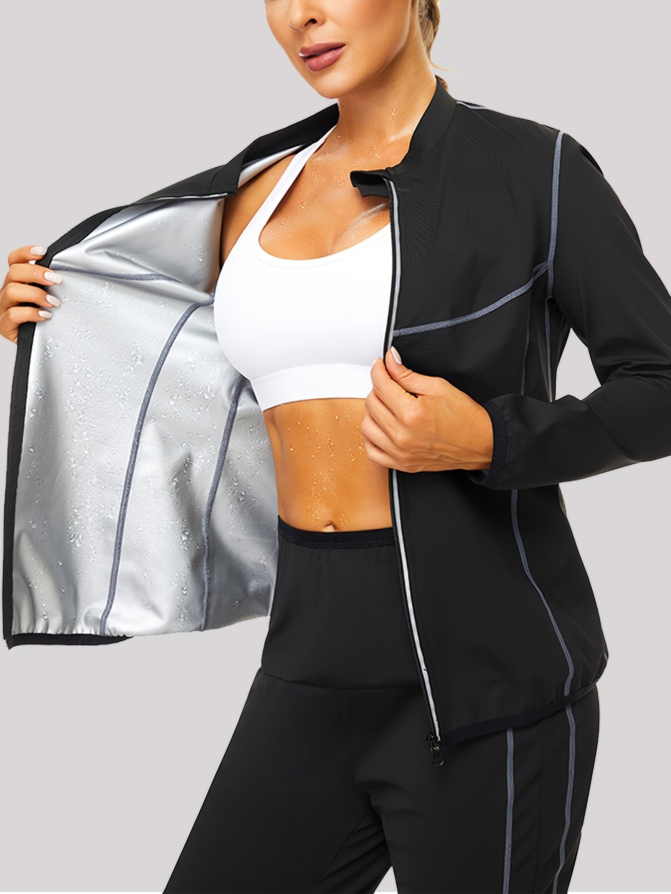 Women's Silver Coated Contrast Zip Sports Jacket - Sweat-Enhancing Long Sleeve Athletic Top for Gym and Fitness Wear