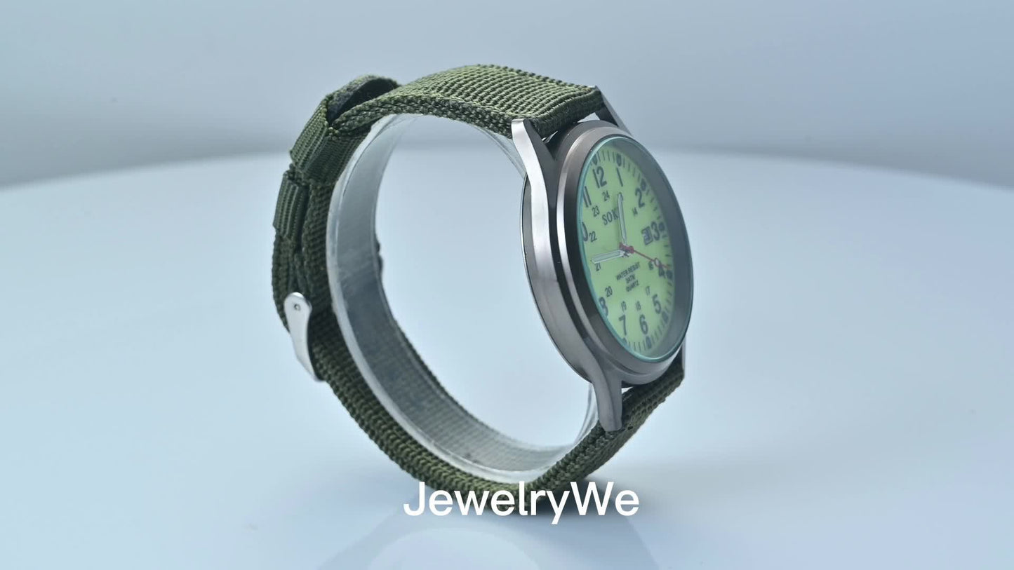 Military Tactical Men's Analog Quartz Watch - Green Nylon Strap, Luminous Dial, 24-Hour Scale, Calendar, Water-Resistant (1ATM), Casual, Business & Sports Gift