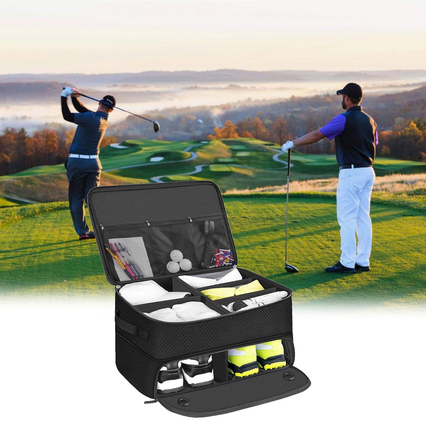 Golf Shoe Bag – Outdoor Foldable Storage for Golf Supplies, Oxford Cloth Holder Box for Ball & Towel, Portable Trunk Organizer