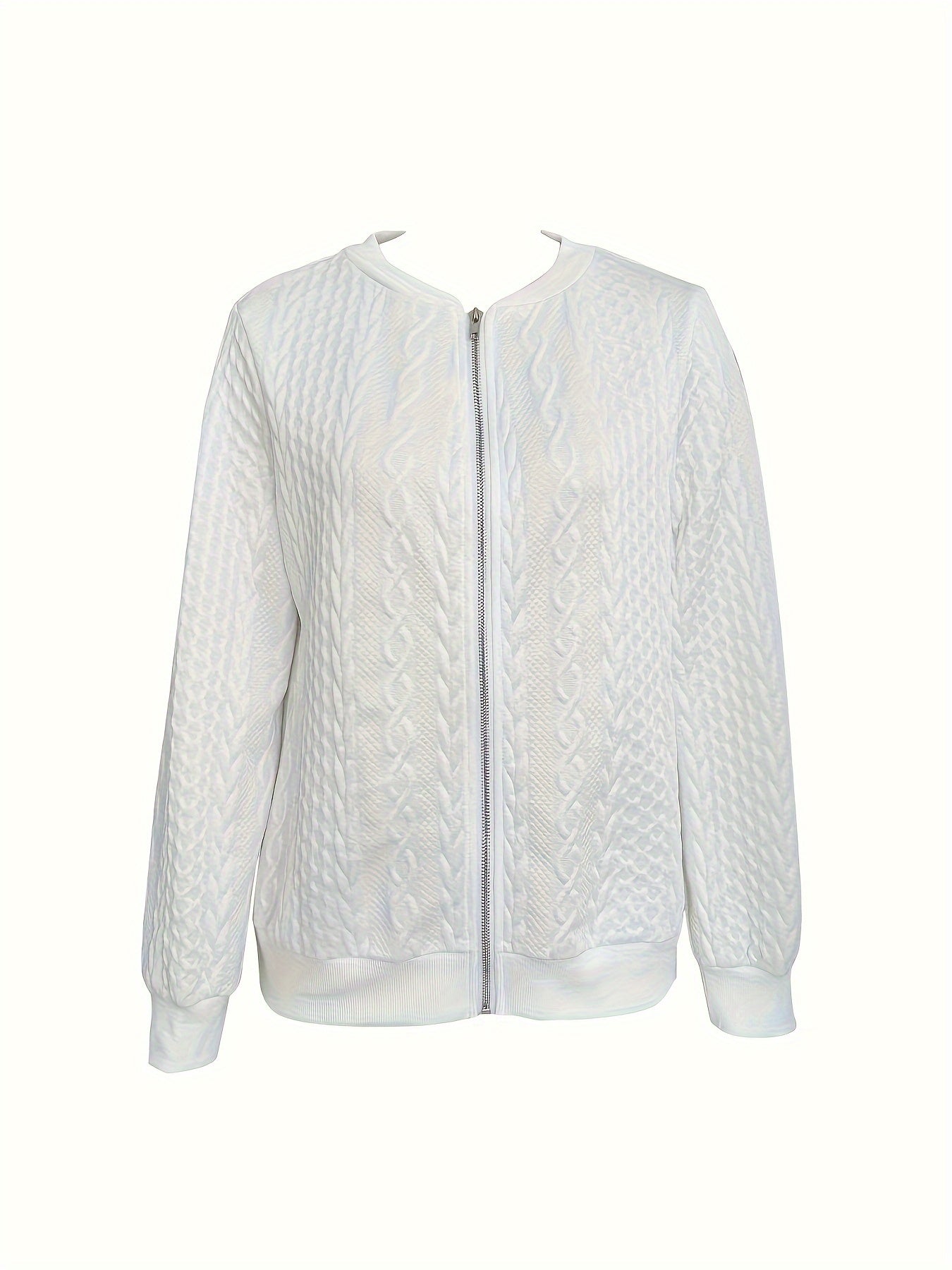 Textured Zip-Up Bomber Jacket - Casual Solid Long Sleeve Outerwear, Women's Clothing