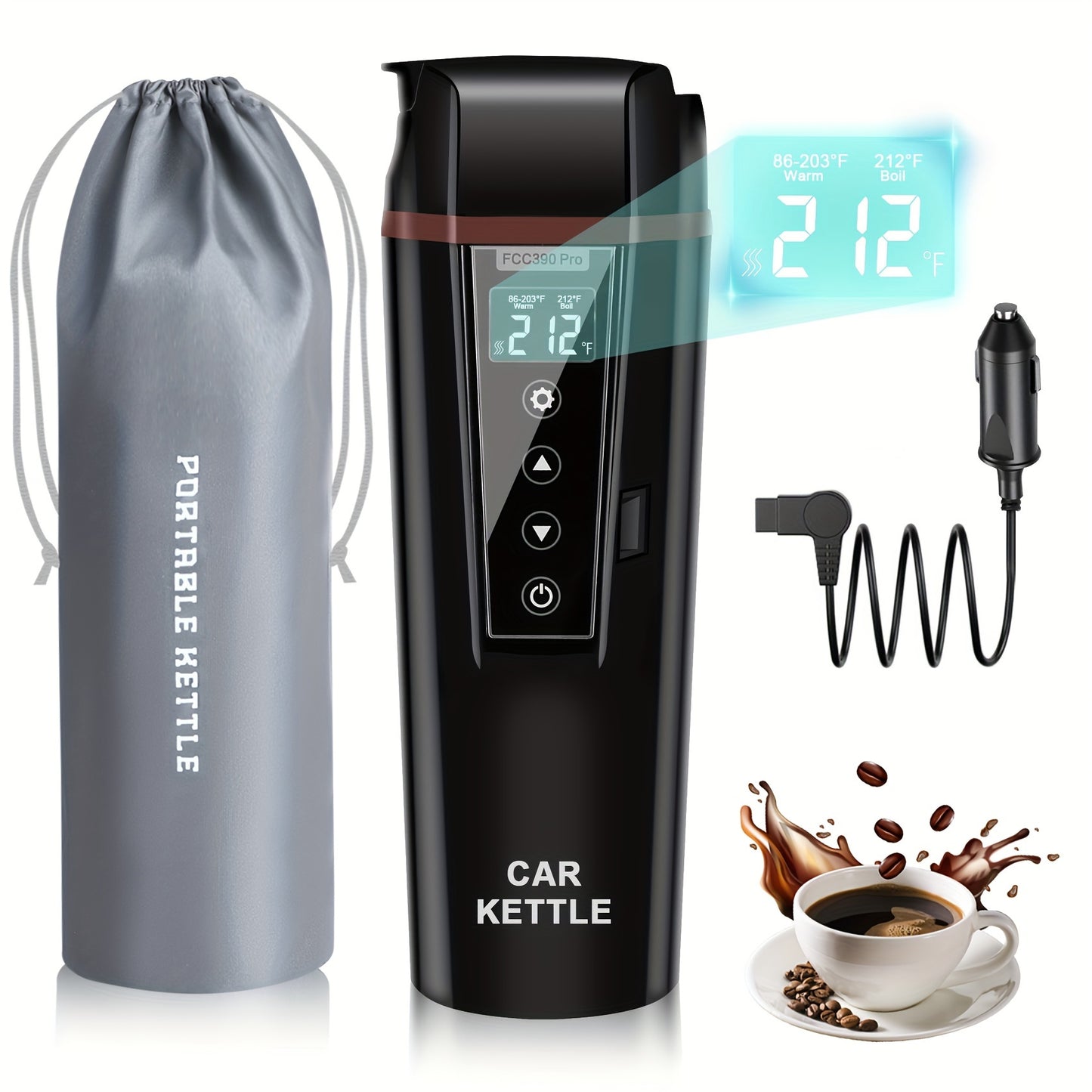 12V/24V Car Electric Kettle - Travel Portable Fast Water Boiler and Heater with Adjustable Temperature - 304 Stainless Steel Travel Mug for Coffee and Tea, Dry Burn Protection
