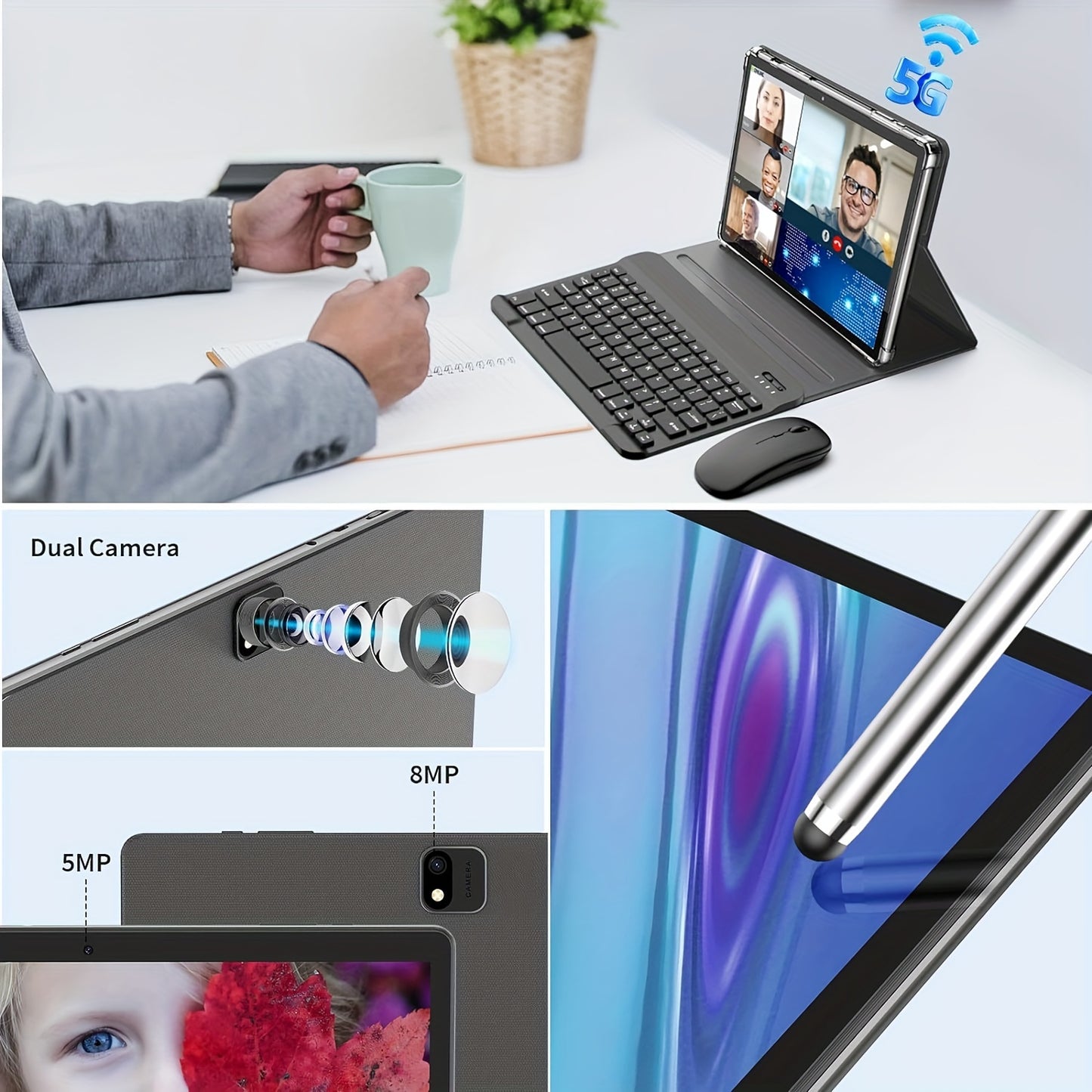 10 Inch 2-in-1 Tablet PC – 6GB RAM, 128GB Storage, 1TB Expandable, Android 13, Includes Case, Mouse, Stylus, 8000mAh Battery, 2.4G/5G WiFi, GPS