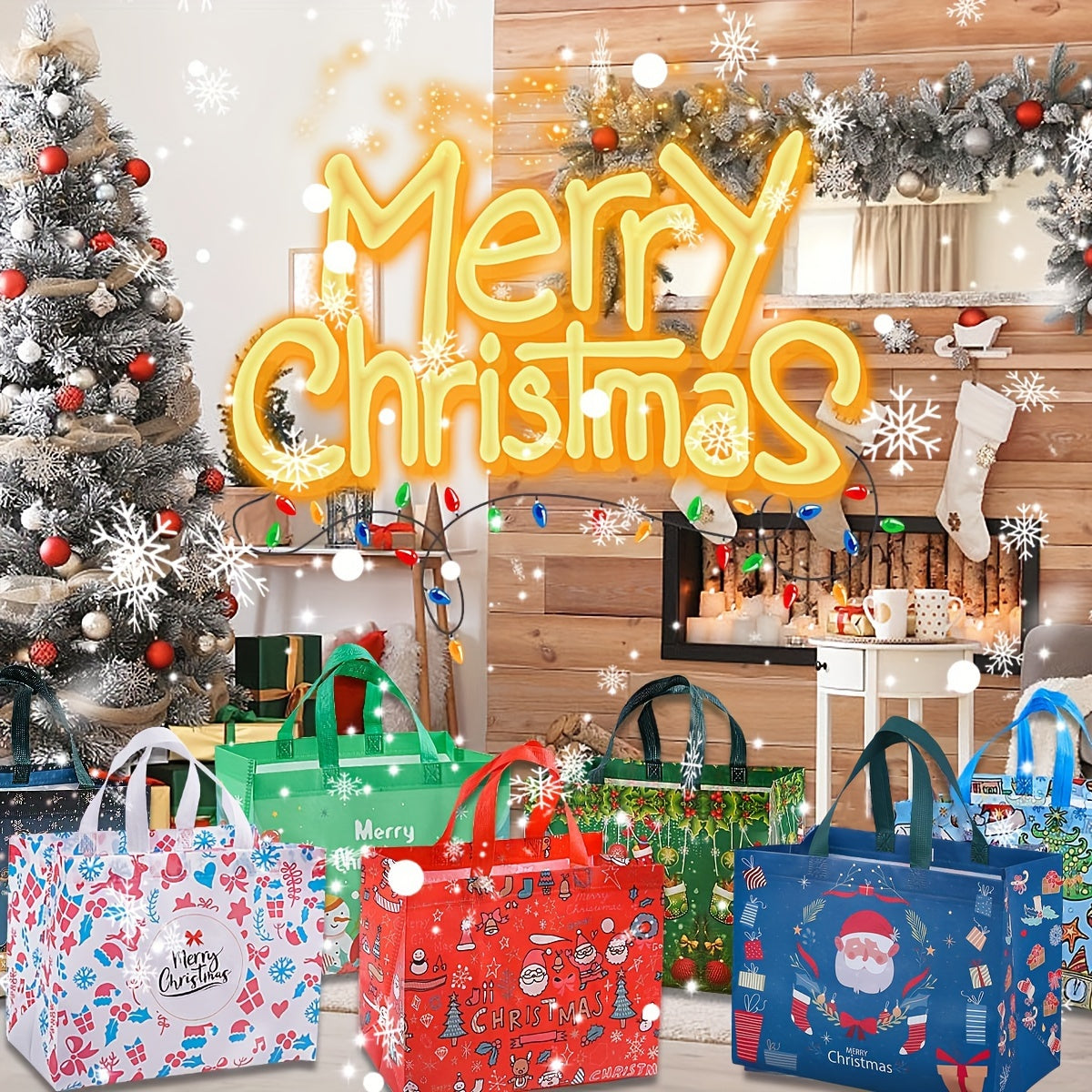 Large Christmas Gift Bags with Handles - 8/16 pcs Reusable Non-Woven Tote Bags, Festive Red/Green/Blue, 12.8"x9.8"x6.7" for Gifts and Decorations