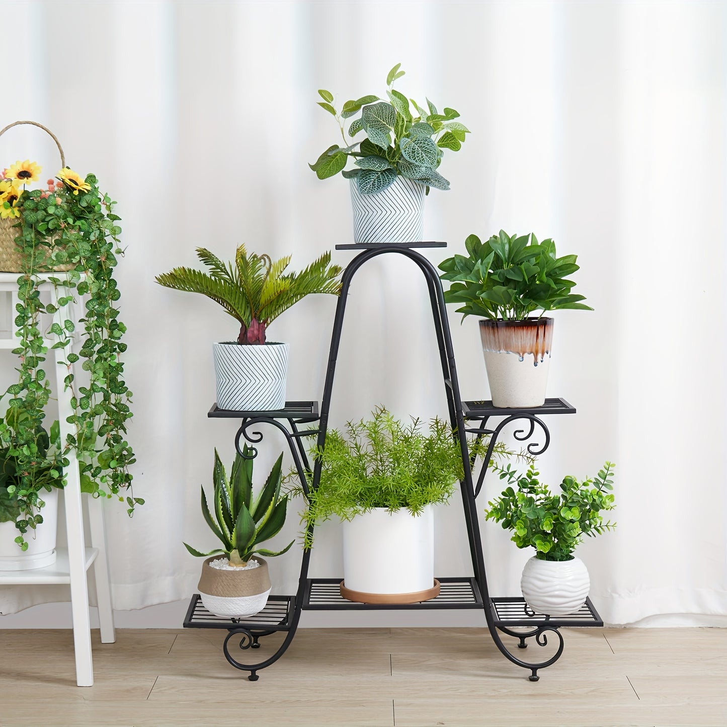 6 Tier Metal Plant Stand - Space-Saving Multi-Plant Display Rack - Sturdy Black Flower Pot Holder for Home and Patio Decor