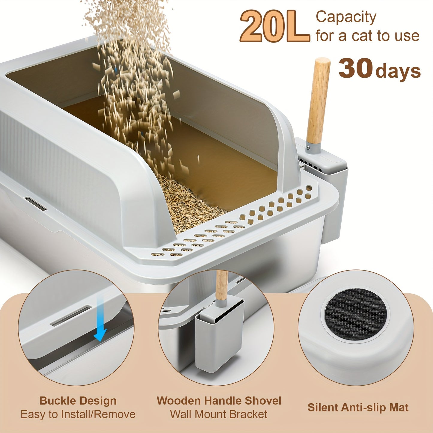 Extra-Large Stainless Steel Cat Litter Box with Lid - Open-Top, High-Sided, Leak-Proof, Easy Clean, Includes Scoop, Durable ABS and Plastic, Odor-Free with Separate Base