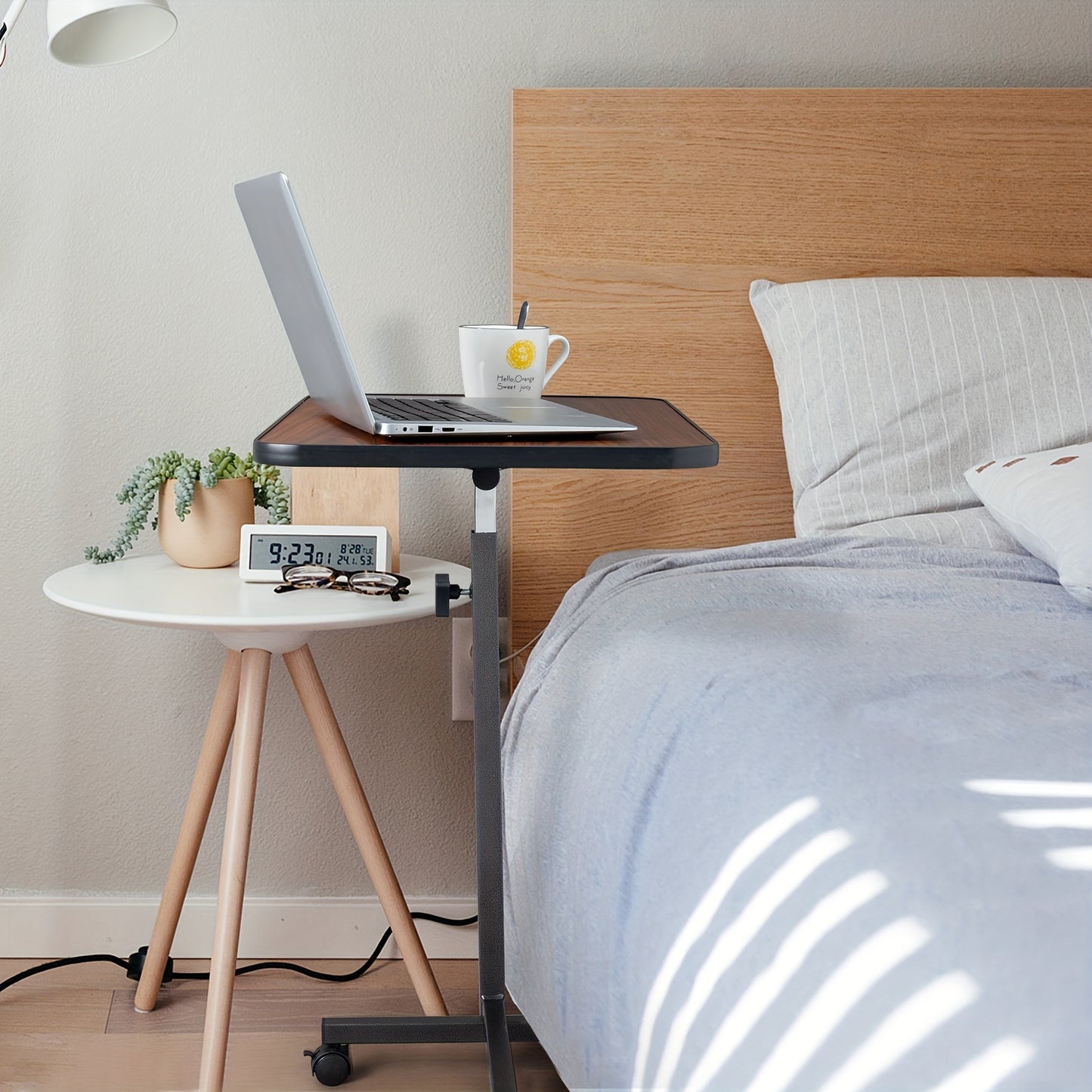Mobile Height Adjustable Side Table – Portable Overbed Bedside Table with Wheels, Tilting Laptop & Food Tray, Room Decor