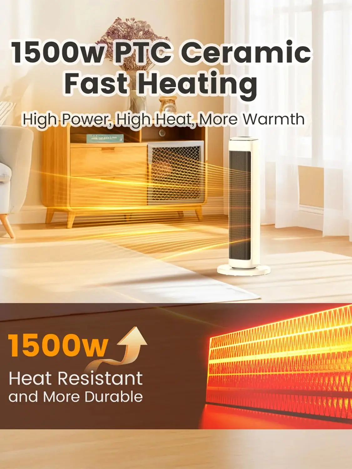 AIRMATE 25-Inch Ceramic Tower Space Heater - Electric Indoor Heater with Adjustable Thermostat for Large Rooms
