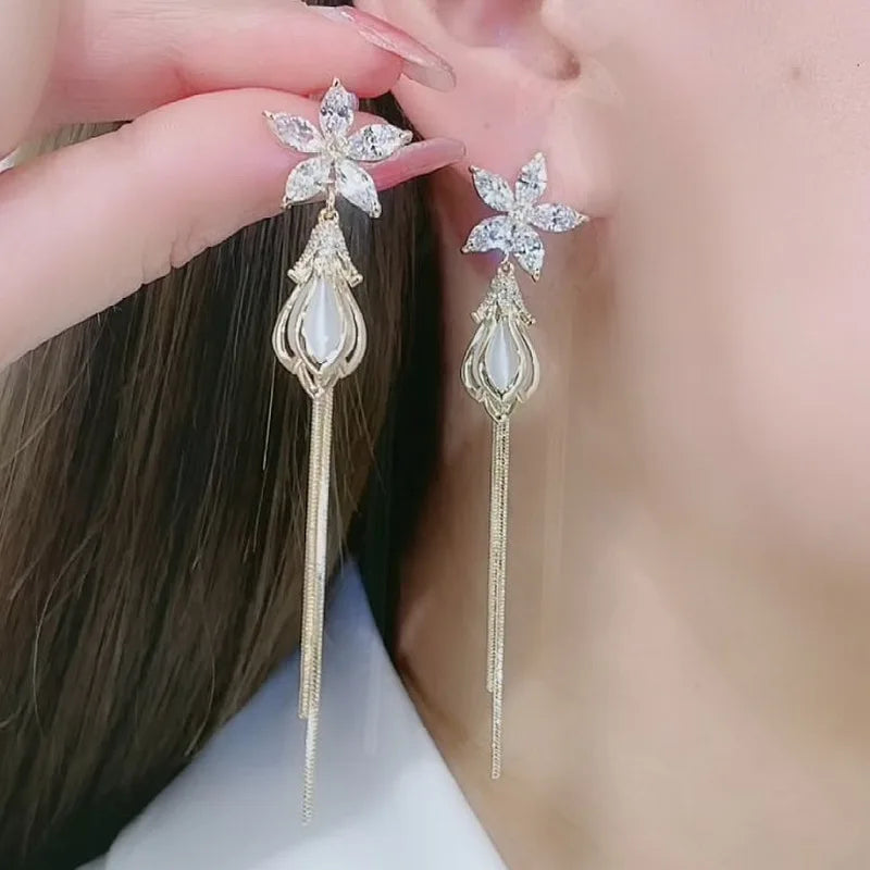 Pearl Moon Asymmetric Earrings - Butterfly Flower Zircon Drop Jewelry for Women Weddings