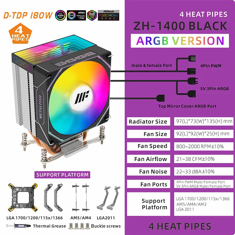 METALFISH ZH1400 ARGB CPU Cooler – 4 Heat Pipes PWM Silent Fan for Intel LGA1700/1200/115X & AMD AM5/AM4 High Performance Cooling