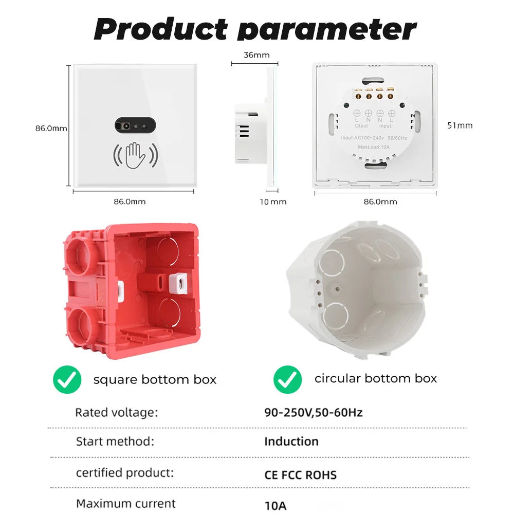 SMATRUL Wall Smart Light Switch with Infrared Sensor - No Touch Needed, EU UK 220V 110V - Glass Screen Panel, Electrical Power On/Off for Lamps