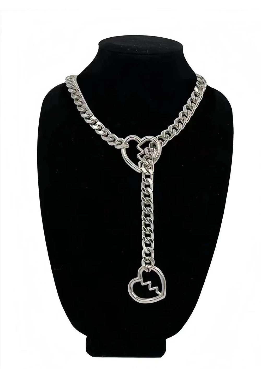 Y2K Silver Star O-Ring Lock Open Heart Lariat Necklace — Punk Rock Cuban Link Chain Pendant for Women