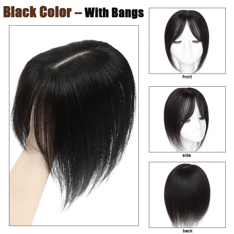 Dazzeal Human Hair Topper – 100% Real Straight Hair, Lace Base, Clip-In with Bangs, 10x12cm, 360° Coverage