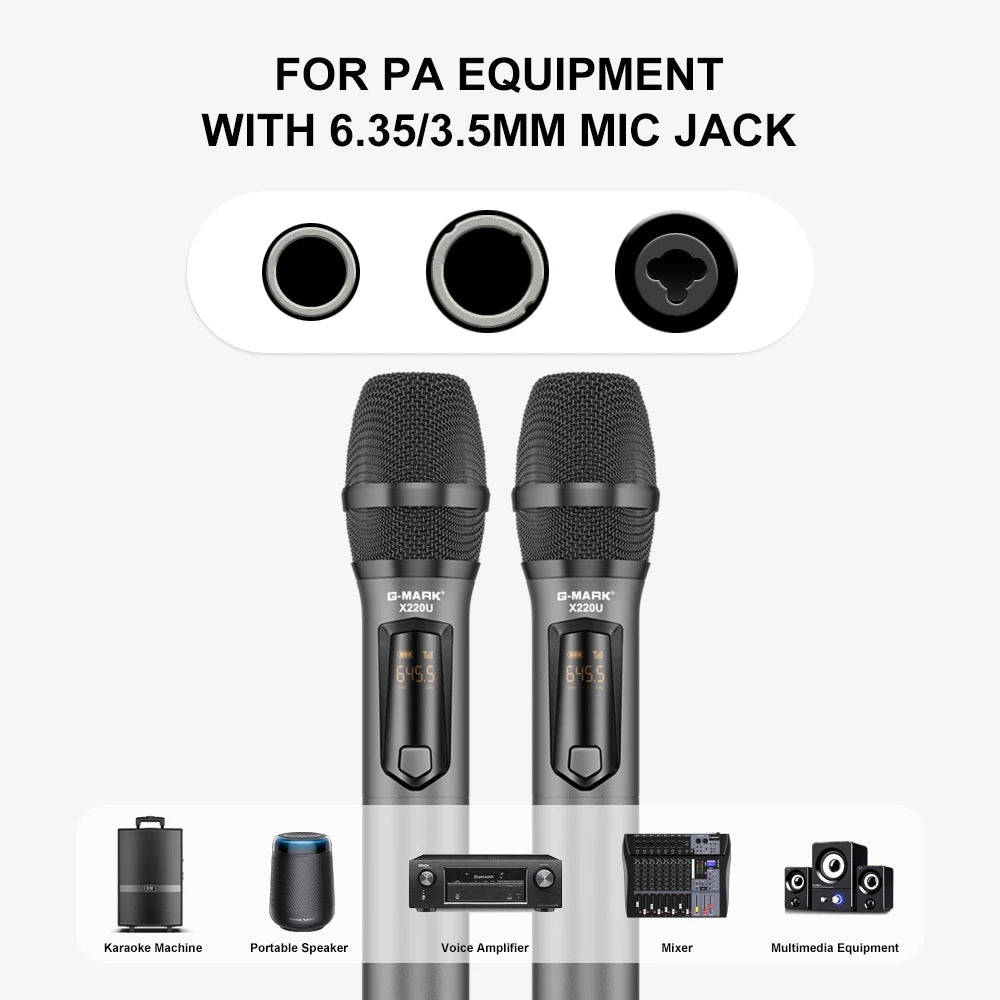 G-MARK X220U Wireless Microphone - UHF Karaoke Mic With Rechargeable Battery Receiver For Speakers & 5 Hour Performance Use