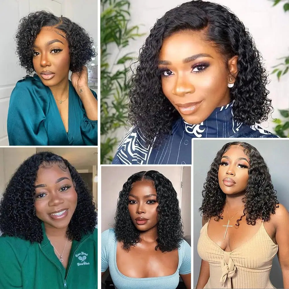 12 Inch Deep Wave Bob Human Hair Wig β 13x4 HD Transparent Lace Front Pre-Plucked Curly Wet & Wavy Glueless Water Wave Wig for Black Women, Natural Black Short Bob