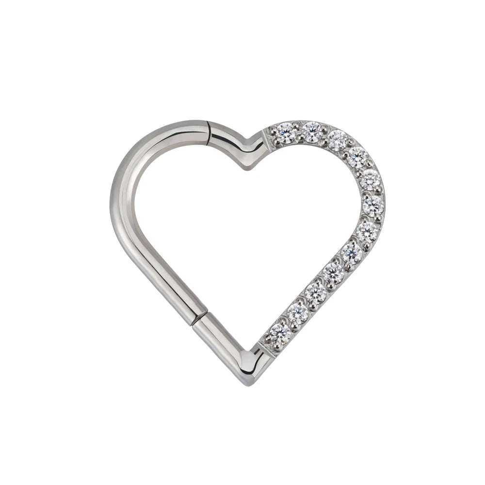 Right Grand ASTM F136 Titanium Daith Heart Hoop Earring – Hinged Segment Ring with Clear CZ for Cartilage, Tragus & Helix Piercing Jewelry