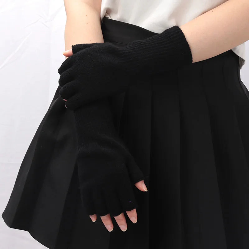 Black Knitted Fingerless Gloves - Winter Thermal Warm Mittens for Men and Women, Cozy Driving, Writing, and Riding Work Gloves
