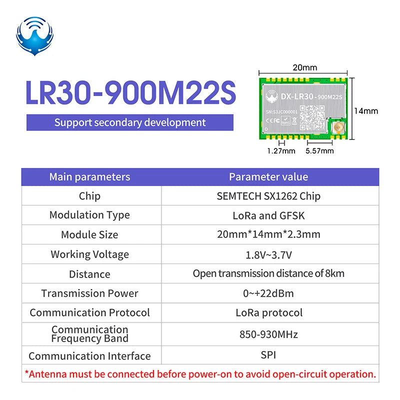 SX1262 LoRa Wireless Module - DX-LR30 22dBm Long-Range RF Module 433/475/868/915MHz