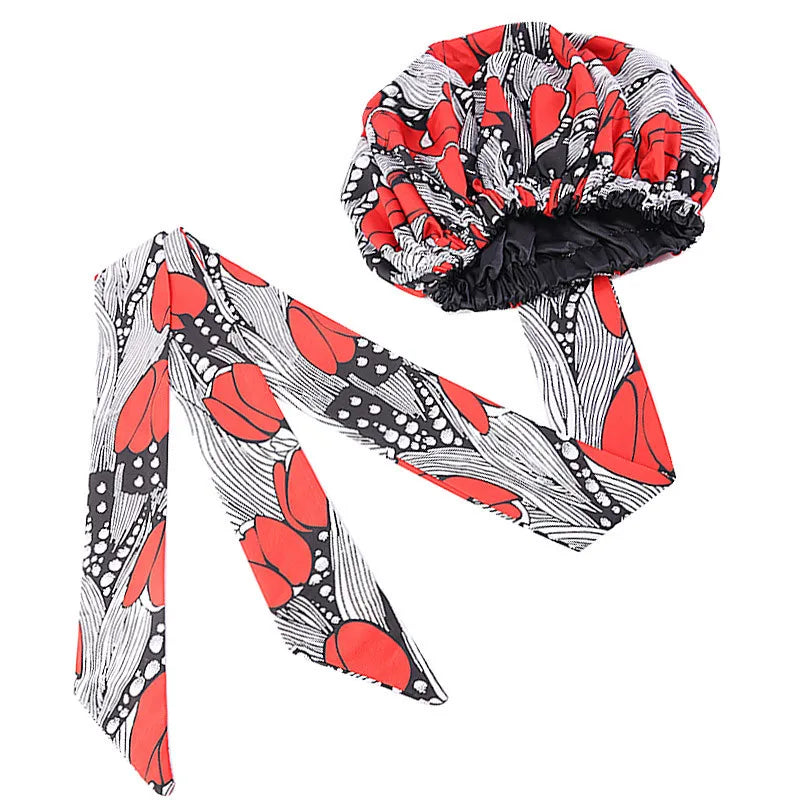 African Print Satin Bonnet with Long Ribbon - Double-Layer Ankara Hair Wrap Cap for Women, Large Size Head Cover