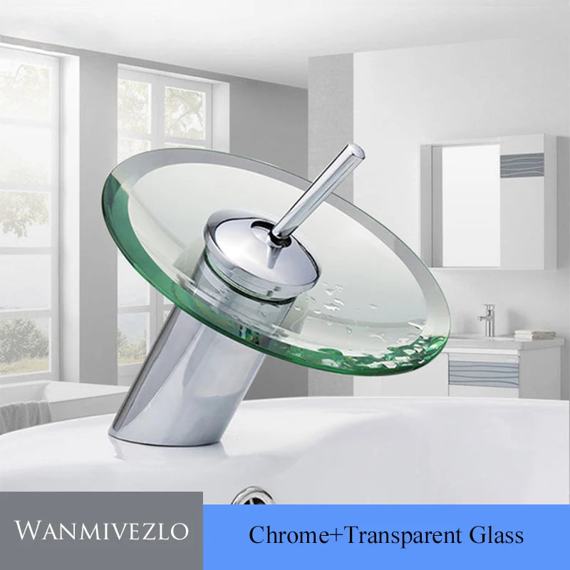 Colorful Glass Waterfall Bathroom Faucet – Chrome Deck Mounted Basin Sink Tap with Single Lever Mixer