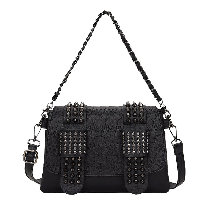 Vintage Skull Rivet PU Leather Shoulder Bag — Women’s Black Crossbody Flap Messenger Handbag