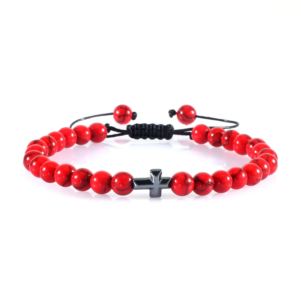 Natural Stone Bead Cross Bracelet - 6mm Braided Christian Prayer Jewelry with Jesus Charm for Men & Women