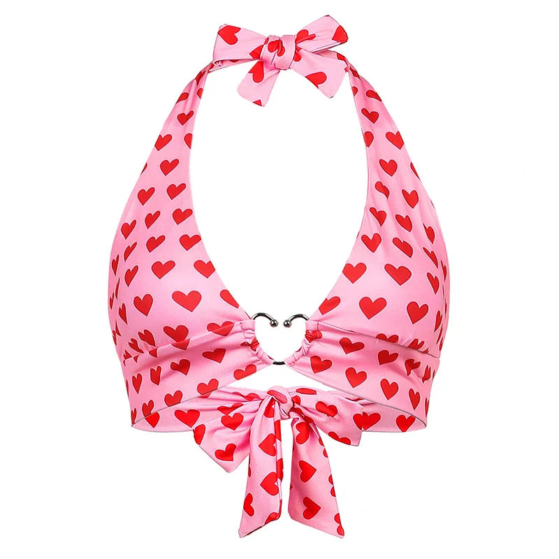 Pink Heart Print Bustier Crop Top for Women – Kawaii Aesthetic Lace-Up Backless Bralette Camisole Sleeveless Fashion Top