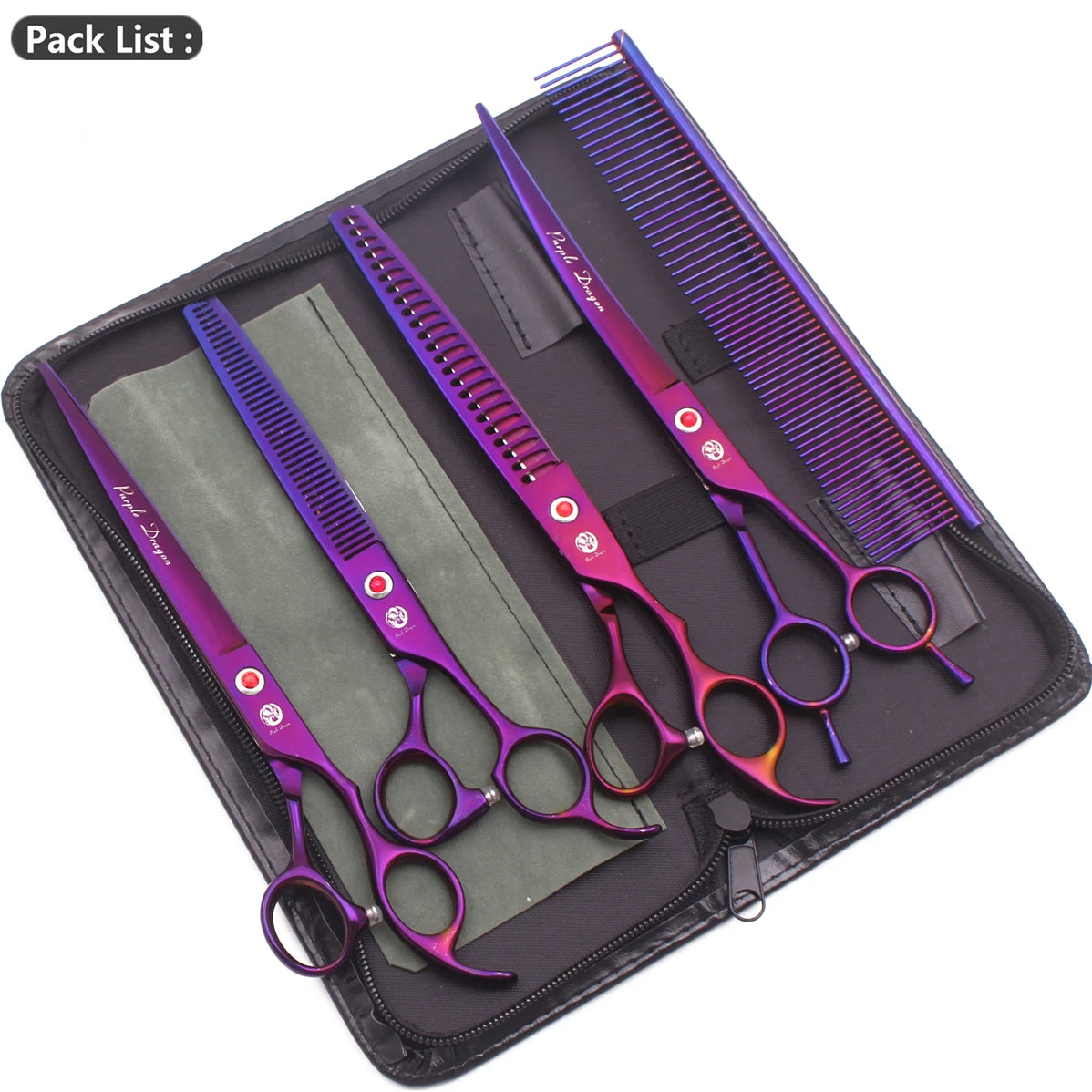 8-inch Purple Dragon Japan 440C Dog Grooming Scissors – Curved Chunker & Thinning Shears with Case (Model Z3015)