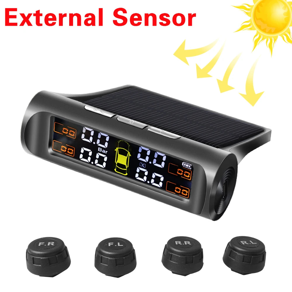 Solar TPMS Tire Pressure Monitoring System – 4-Wheel External Sensors with Temperature Alarm for Car Tyre Safety