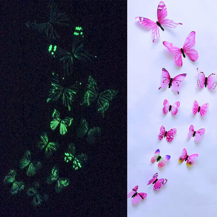 12PCS Luminous 3D Butterfly Wall Stickers — Glow-in-the-Dark Wedding Party & Home Decor, Living Room Fridge Decals