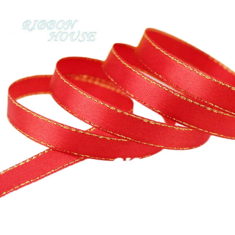 25 Yards 10mm Satin Ribbon with White & Gold Edge - High-Quality Gift Packaging Ribbon