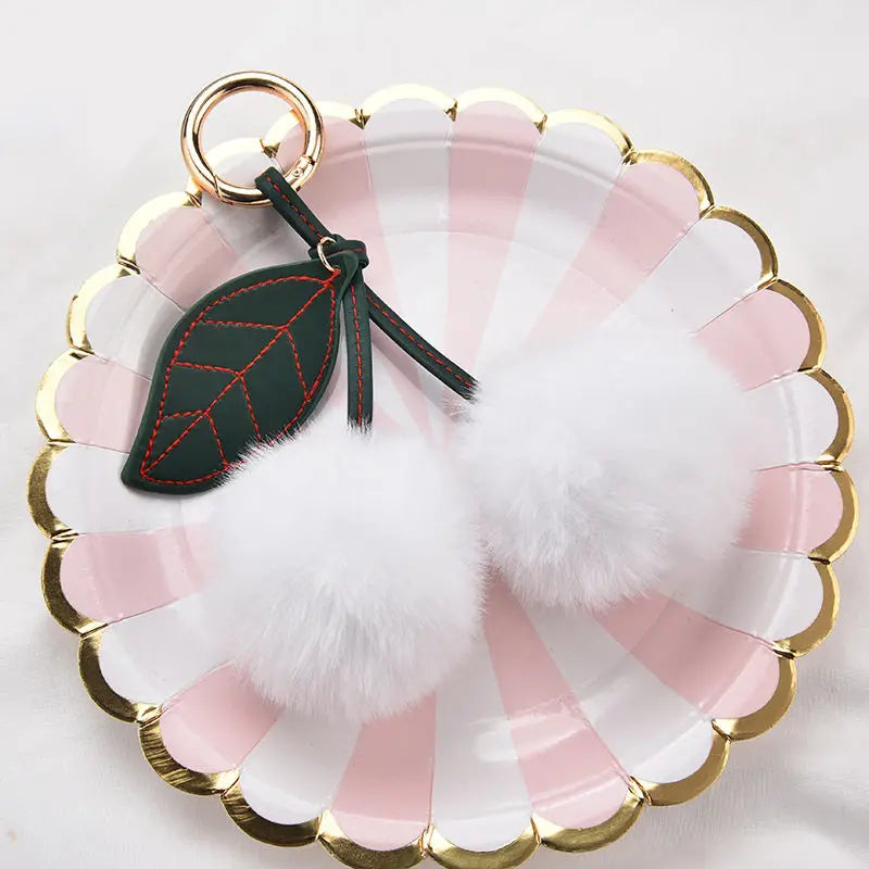 Fashion Cute Fluffy Rabbit Fur Ball Keychain – Pompom Leaf Cherry Pendant for Handbag & Car Keys
