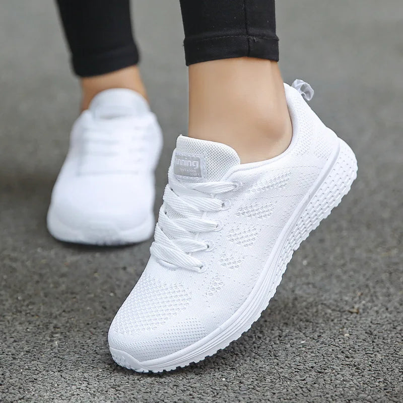 Women’s Breathable Mesh Sneakers - Casual Fashion Walking Flat Shoes White Tenis Feminino