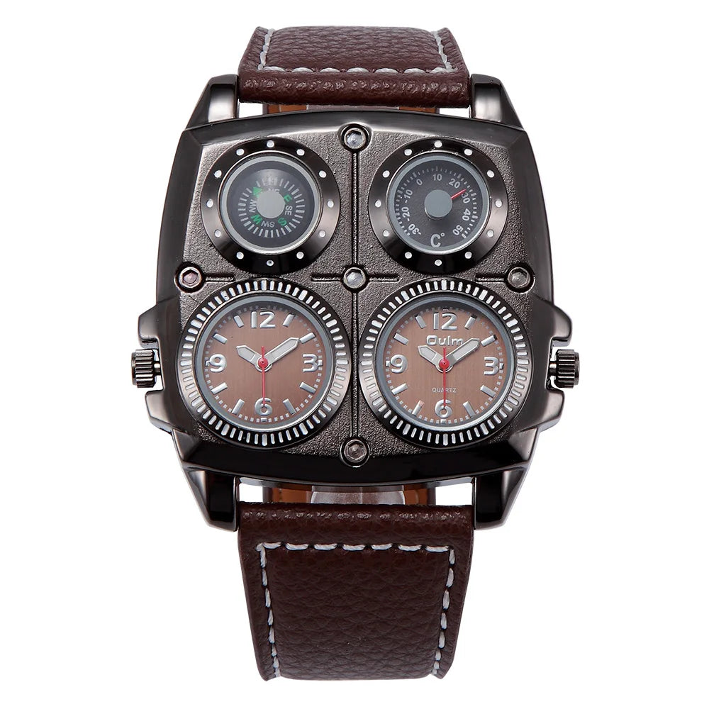 Oulm Men’s Two Time Zone Army Pilot Watch — Large Military Quartz Leather Strap Wristwatch
