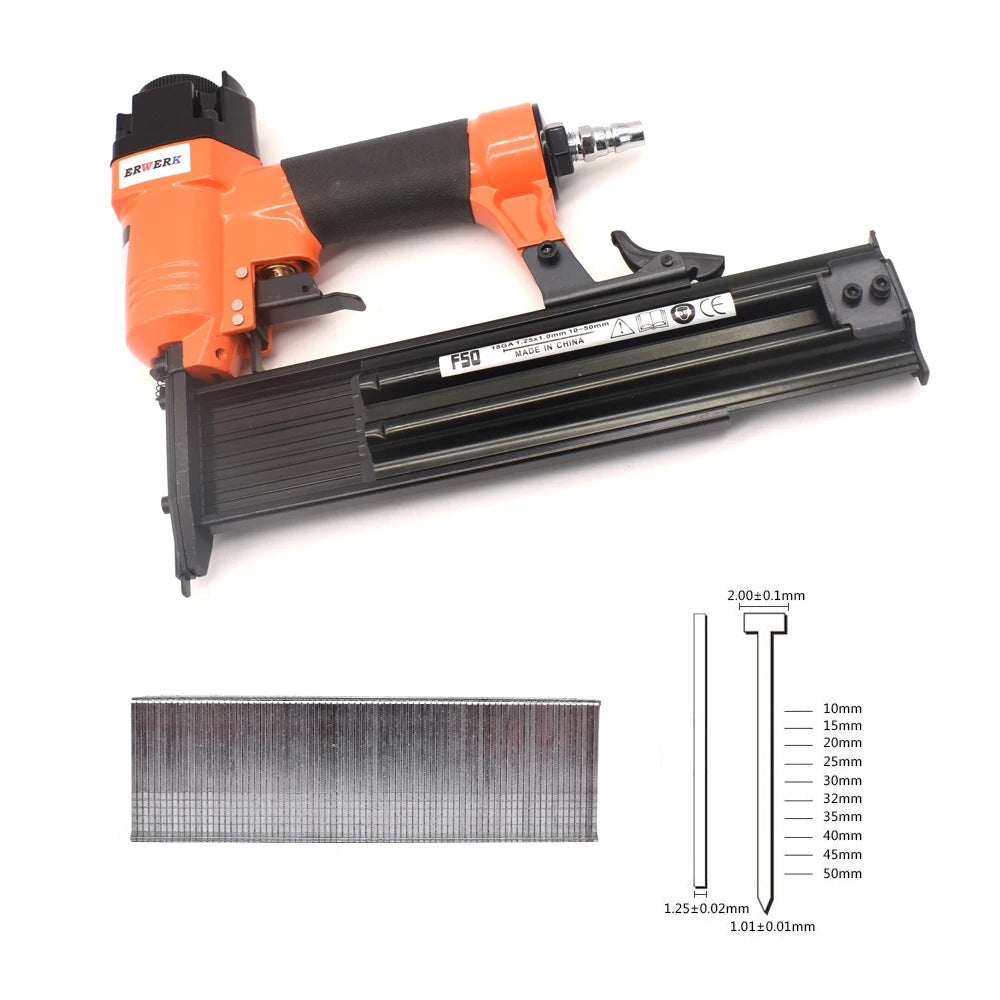 F50 Pneumatic Nail Gun Set — 18Ga Air Brad Nailer for Woodworking, 3/4" to 2" Nails