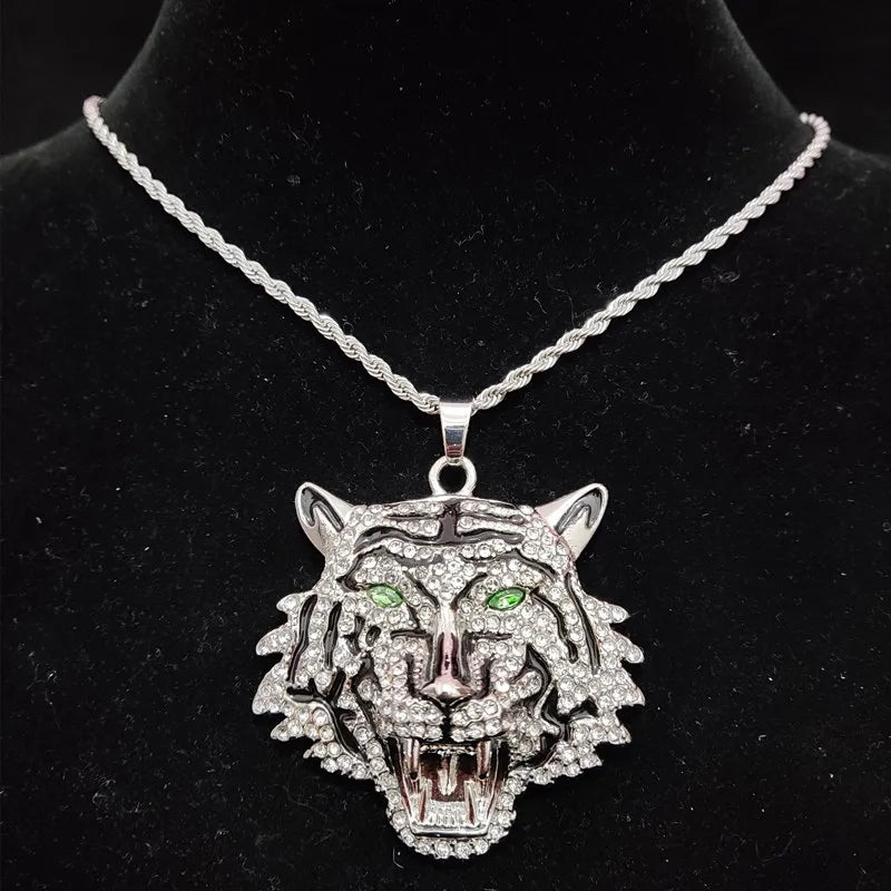 3D Tiger Pendant Necklace - Iced Out Crystal Cuban Chain Hip Hop Jewelry for Men & Women