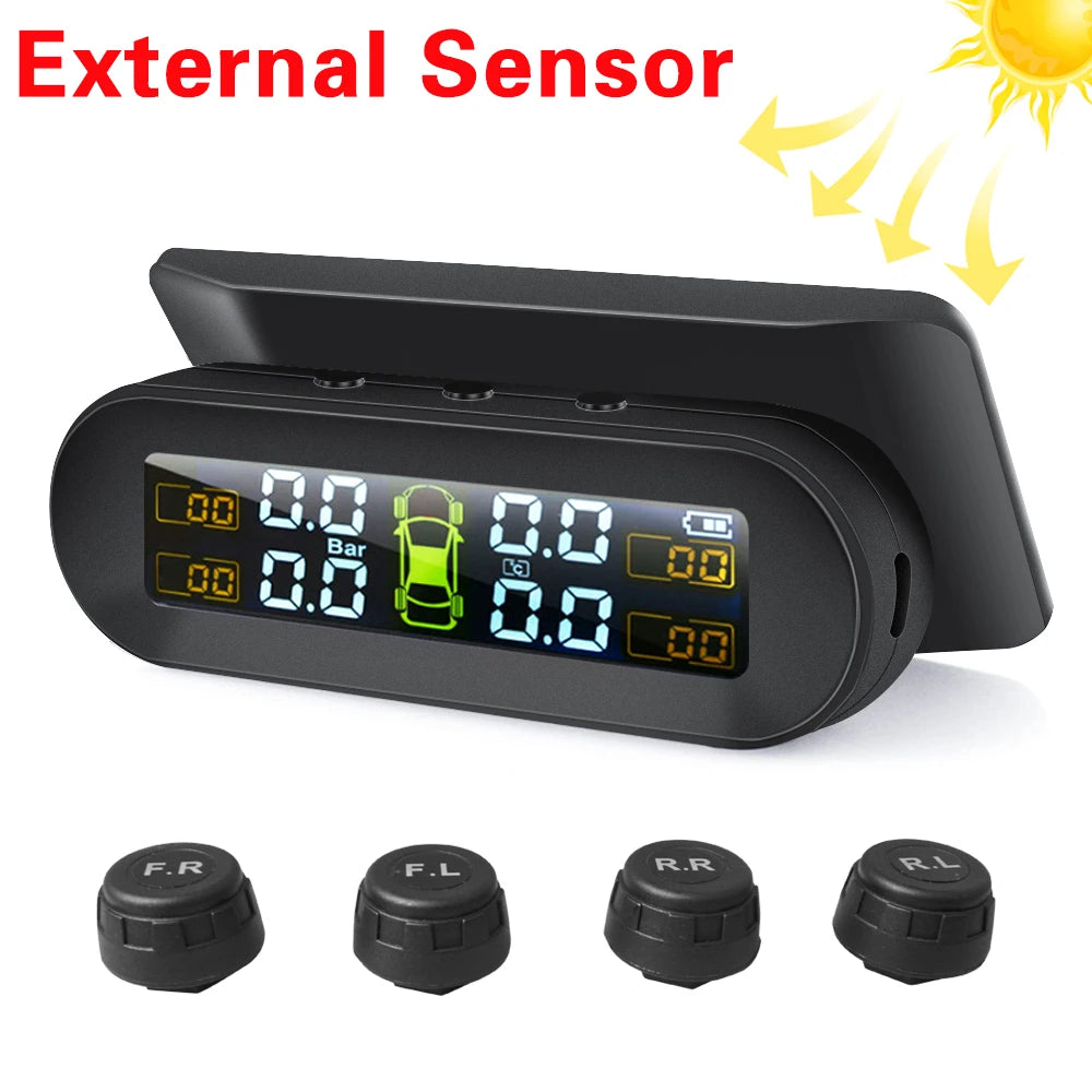 Solar Car TPMS Tire Pressure Monitoring System – 4 External Sensors with Temperature Alarm for Tyre Safety