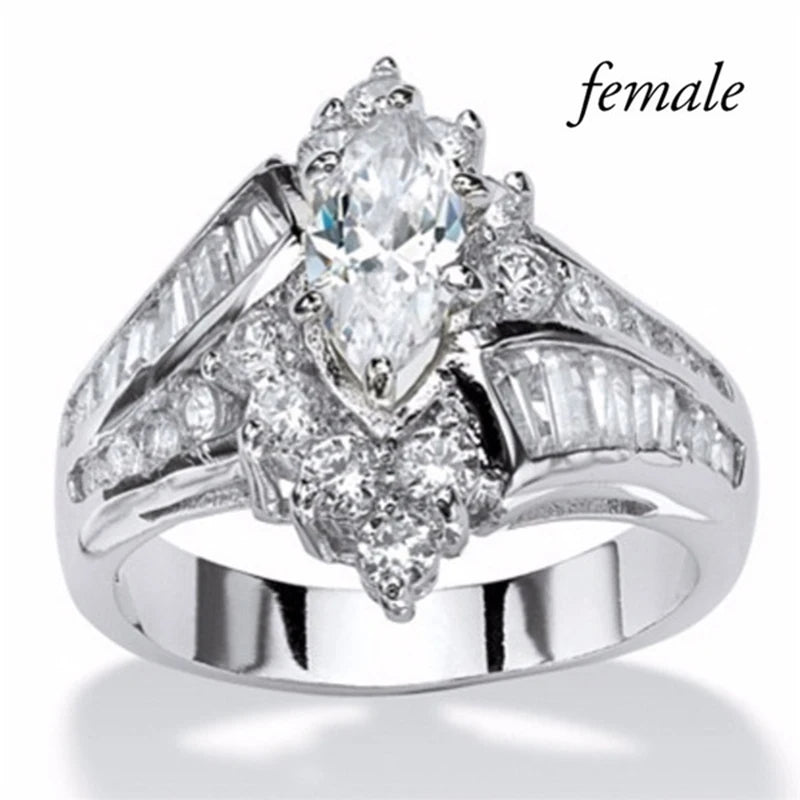 Couple CZ Crystal Rings Set - Marquise Cut Stainless Steel Love Rings with Two Row Zircon Design for Men & Women