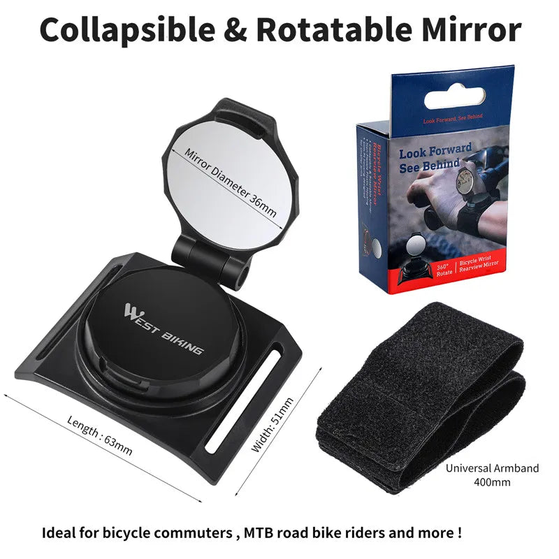 WEST BIKING Cycling Rearview Mirror, 360-Degree Rotating HD Convex Wrist Mirror for Bike Safety and Bicycle Accessories