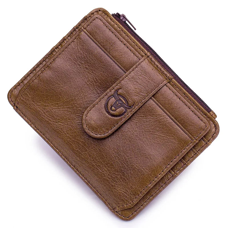 BULLCAPTAIN Genuine Leather RFID Zipper Card Holder – Slim Mini Wallet for Credit Cards & ID, Men’s Business Wallet
