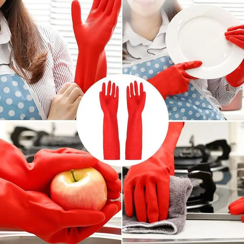 Red Waterproof Rubber Gloves - Long Latex Sleeve for Dish Washing and Kitchen Cleaning