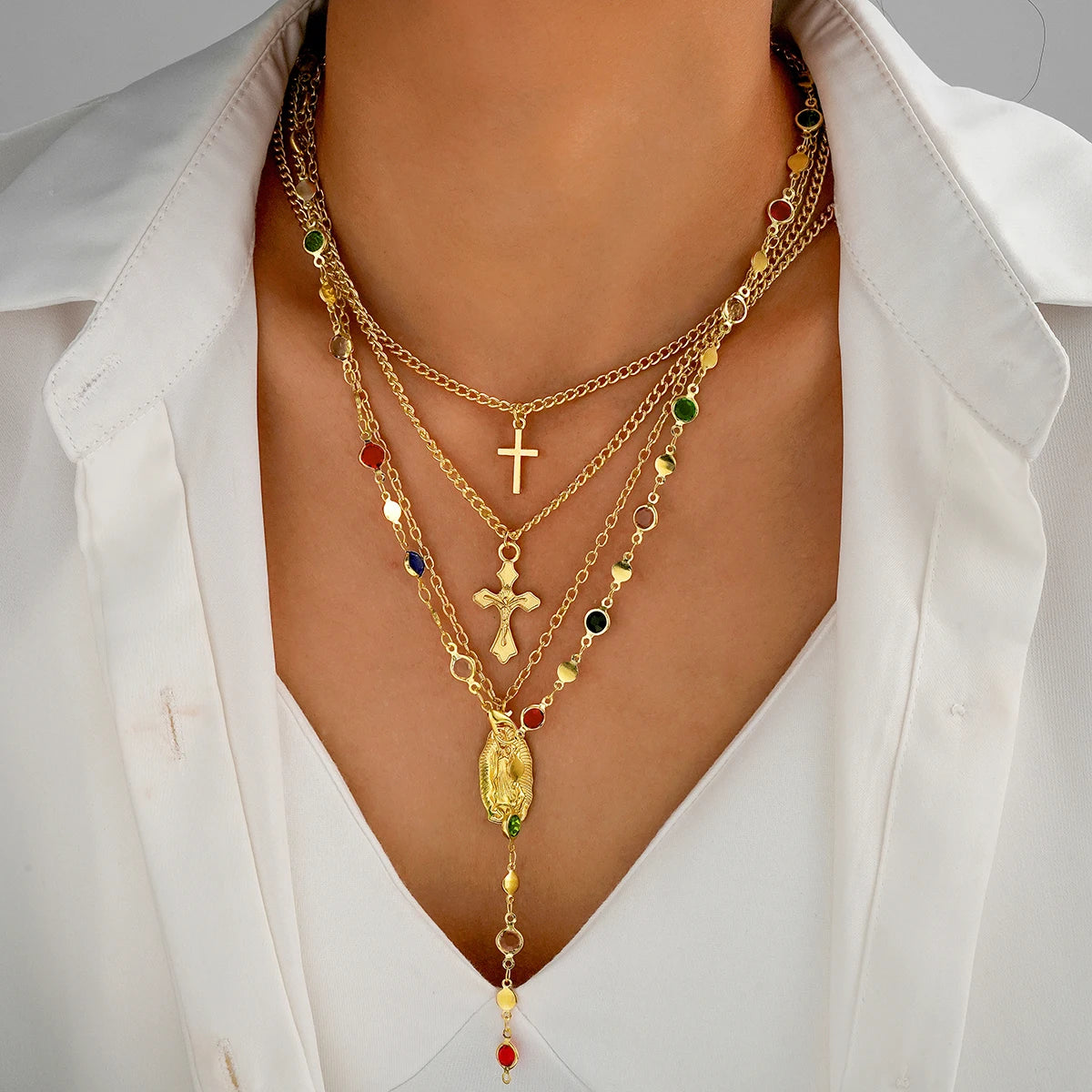 4Pcs Colorful Crystal Necklace Set - Gold & Silver Y-Shaped Pendant Chain Jewelry for Women with Cross Design