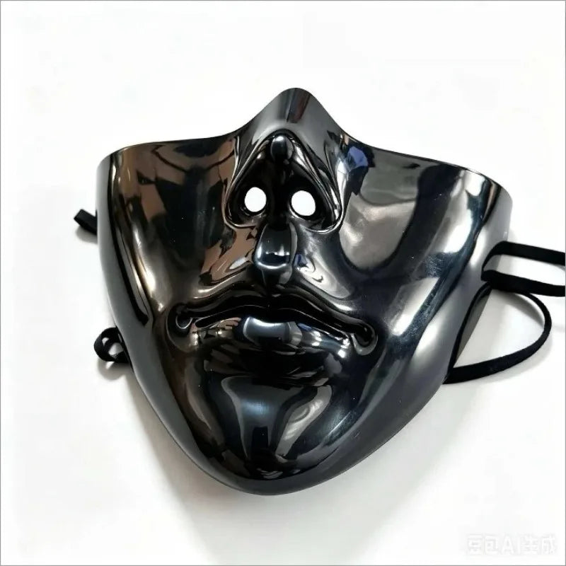 Black Resin Half Face Mask - Adjustable Buckle Strap Realistic Human Face Design for Halloween Cosplay & Costume Parties