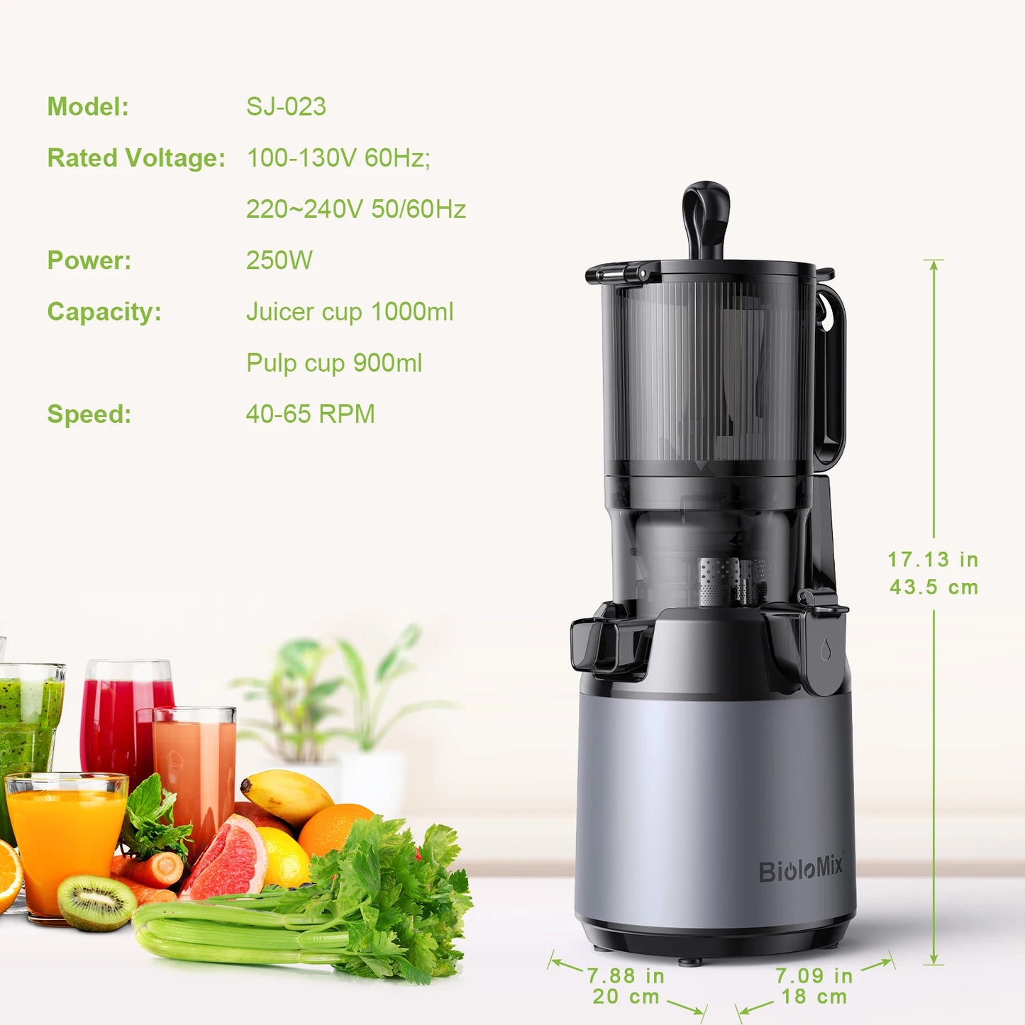 BioloMix Cold Press Juicer — 130mm Feed Chute, Whole Fruit & Veg, High Yield BPA-Free Slow Masticating Juicer