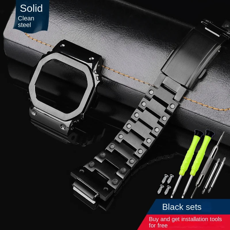 Gold and Black Stainless Steel Bezel and Strap Set for Casio G-Shock DW-5600, GW-B5600 & GW-M5610 - Metal Watch Case Modification Kit
