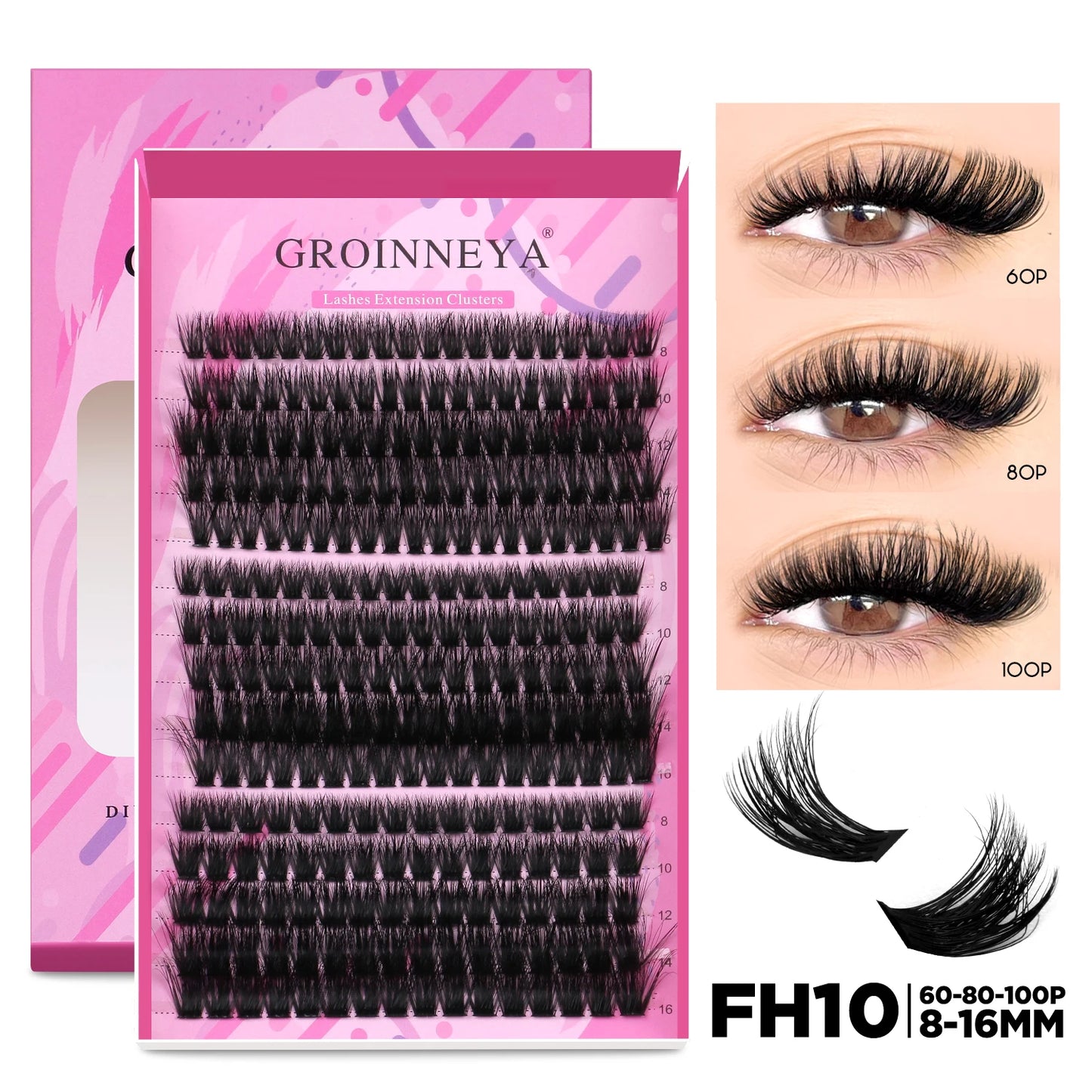 GROINNEYA DIY Lash Extension Kit – Cluster & Individual Lashes Set with Lash Bond & Seal for At-Home Eyelash Extension Makeup