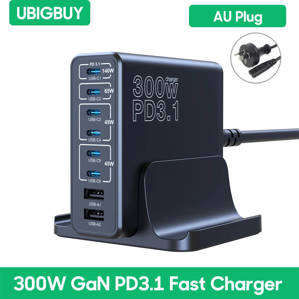 Ubigbuy 300W Multi-Port GaN Charger - USB-C 140W PD 3.1 & PPS 100W Charging Station for MacBook Pro M2, iPhone 15/14, Galaxy