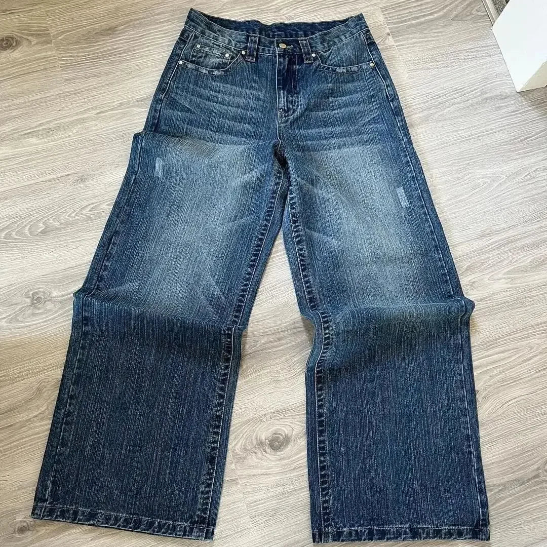 Harajuku Hip Hop Cartoon Embroidered Blue Baggy Jeans β Y2K Low Waist Wide Leg Pants for Men & Women