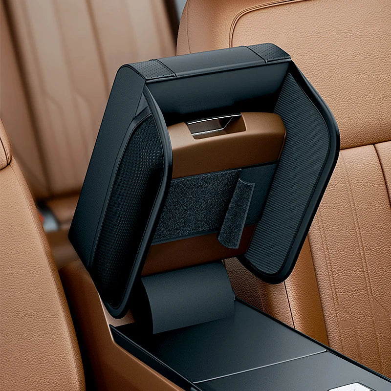 Universal Car Armrest Box Height Pad - Leather Cushion with Pocket, Central Memory Cotton Elbow Support, Armrest Storage